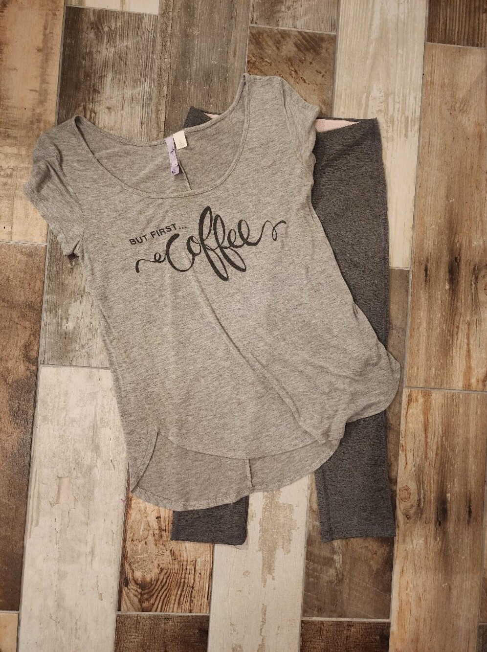 Marika Sport Gray Capri Leggings And "But First Coffee" Top Yoga Outfit